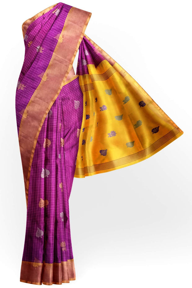 Handoven Uppada pure silk saree in purple in fine checks with gold & silver motifs.