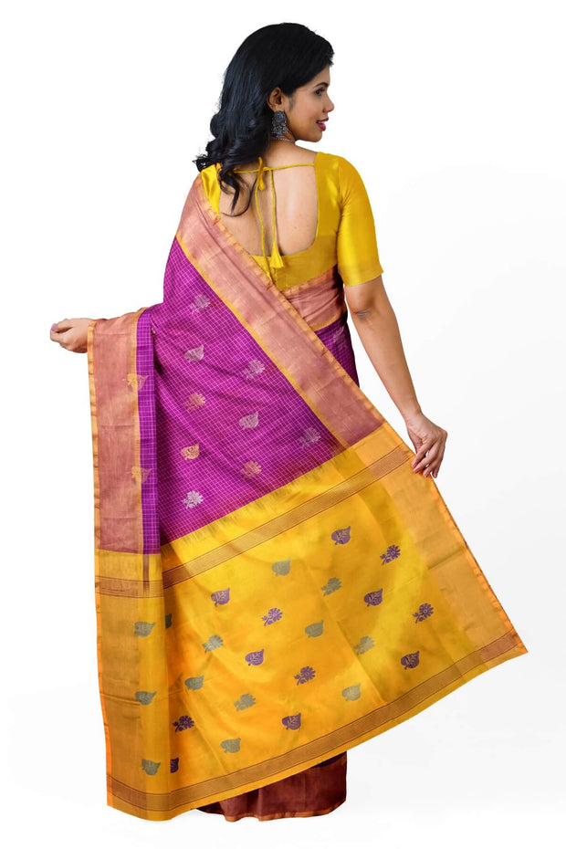 Handoven Uppada pure silk saree in purple in fine checks with gold & silver motifs.