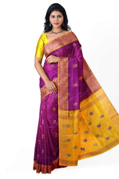 Handoven Uppada pure silk saree in purple in fine checks with gold & silver motifs.