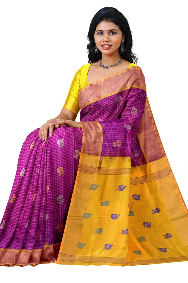Handoven Uppada pure silk saree in purple in fine checks with gold & silver motifs.
