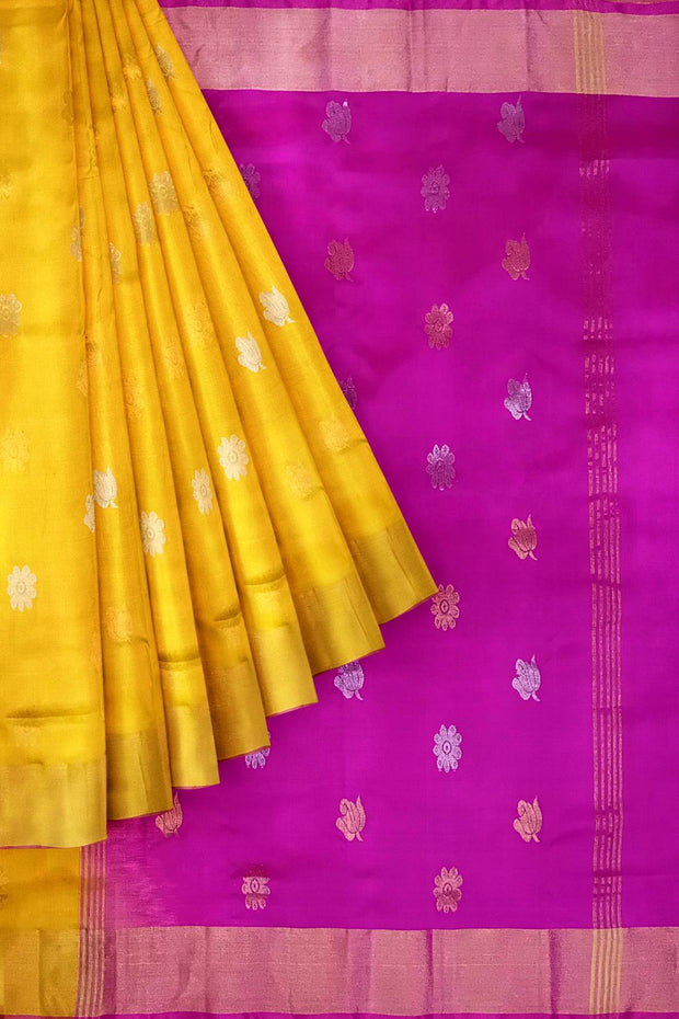 Handwoven Uppada pure silk saree in yellow with gold & silver motifs