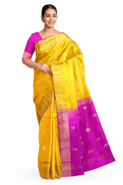 Handwoven Uppada pure silk saree in yellow with gold & silver motifs