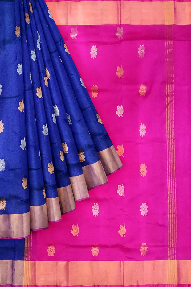 Handwoven Uppada pure silk saree in peacock blue with gold & silver motifs