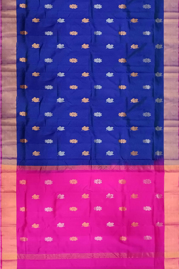 Handwoven Uppada pure silk saree in peacock blue with gold & silver motifs