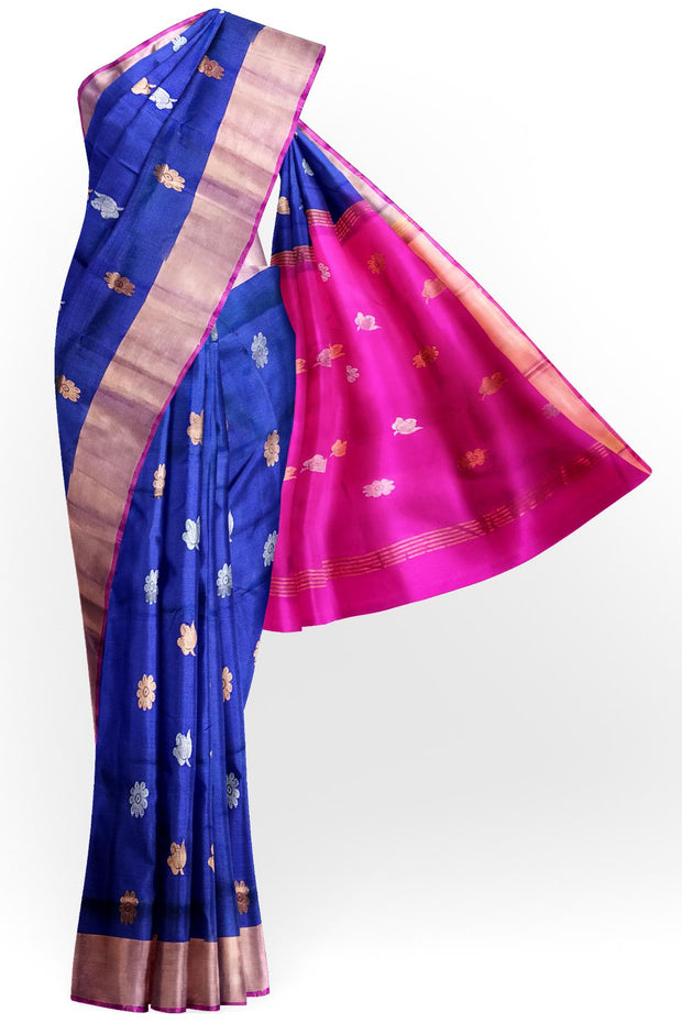 Handwoven Uppada pure silk saree in peacock blue with gold & silver motifs