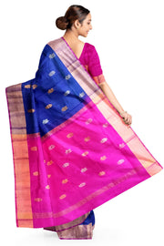 Handwoven Uppada pure silk saree in peacock blue with gold & silver motifs