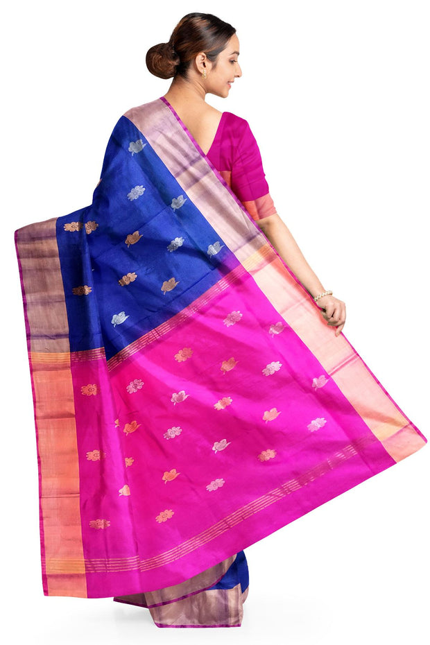 Handwoven Uppada pure silk saree in peacock blue with gold & silver motifs