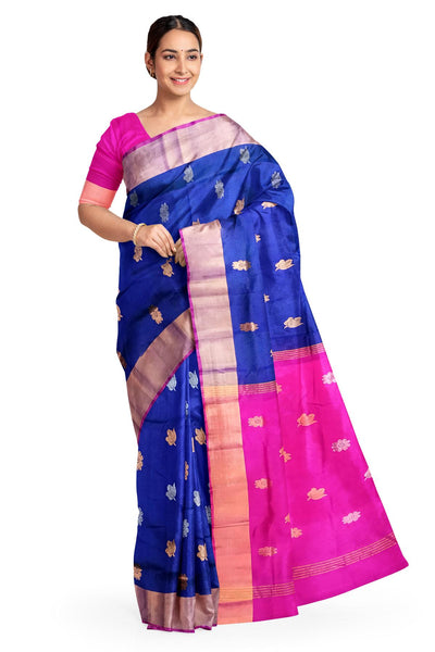 Handwoven Uppada pure silk saree in peacock blue with gold & silver motifs