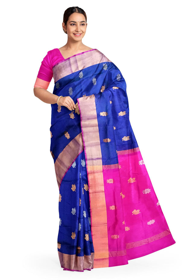 Handwoven Uppada pure silk saree in peacock blue with gold & silver motifs