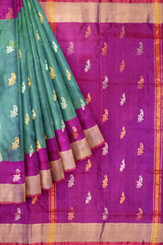 Handwoven Uppada pure silk saree in two tone green with gold & silver motifs