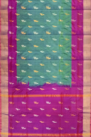 Handwoven Uppada pure silk saree in two tone green with gold & silver motifs