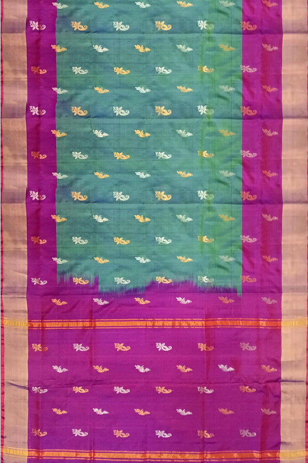 Handwoven Uppada pure silk saree in two tone green with gold & silver motifs
