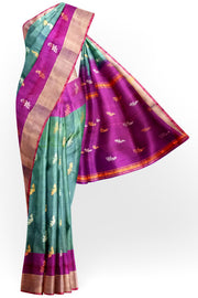 Handwoven Uppada pure silk saree in two tone green with gold & silver motifs