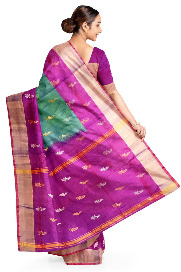 Handwoven Uppada pure silk saree in two tone green with gold & silver motifs