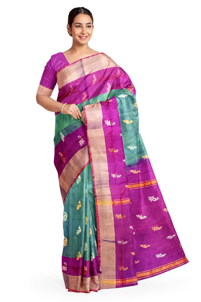 Handwoven Uppada pure silk saree in two tone green with gold & silver motifs