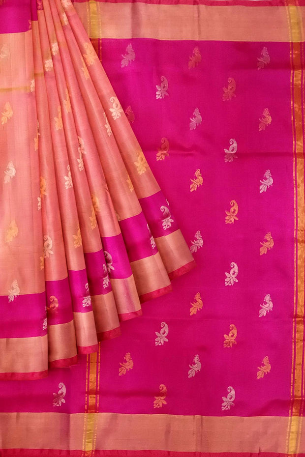Handwoven Uppada pure silk saree in two tone yellow with gold & silver motifs