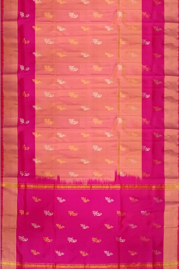 Handwoven Uppada pure silk saree in two tone yellow with gold & silver motifs