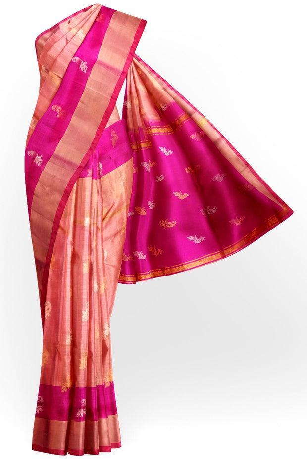 Handwoven Uppada pure silk saree in two tone yellow with gold & silver motifs