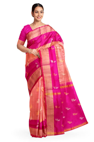 Handwoven Uppada pure silk saree in two tone yellow with gold & silver motifs