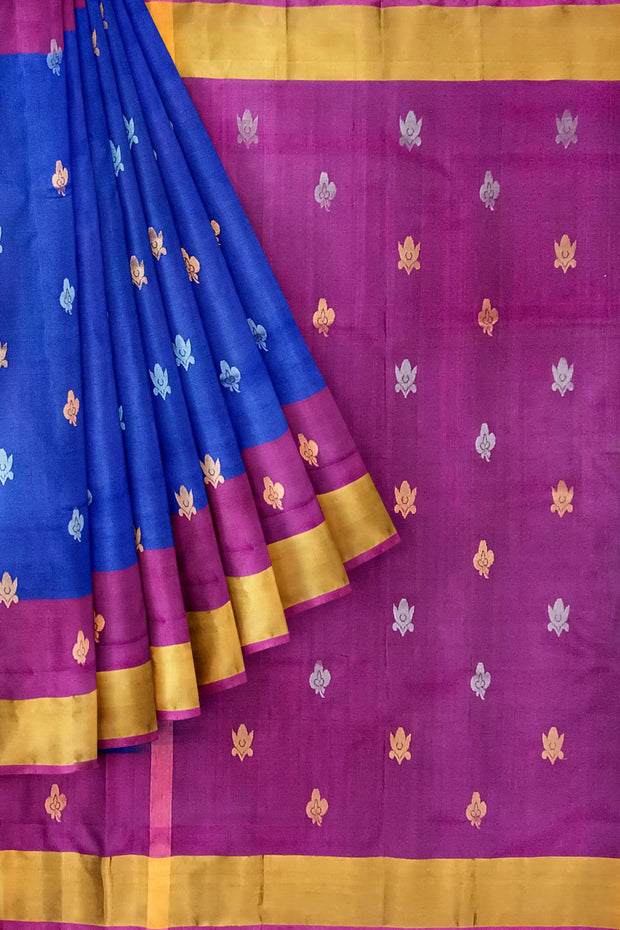 Handwoven Uppada pure silk saree in violet with gold & silver motifs