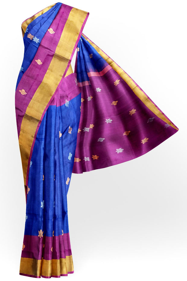 Handwoven Uppada pure silk saree in violet with gold & silver motifs