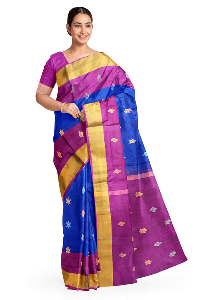 Handwoven Uppada pure silk saree in violet with gold & silver motifs