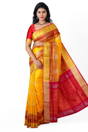 Handwoven Uppada pure silk saree in yellow with gold & silver motifs .