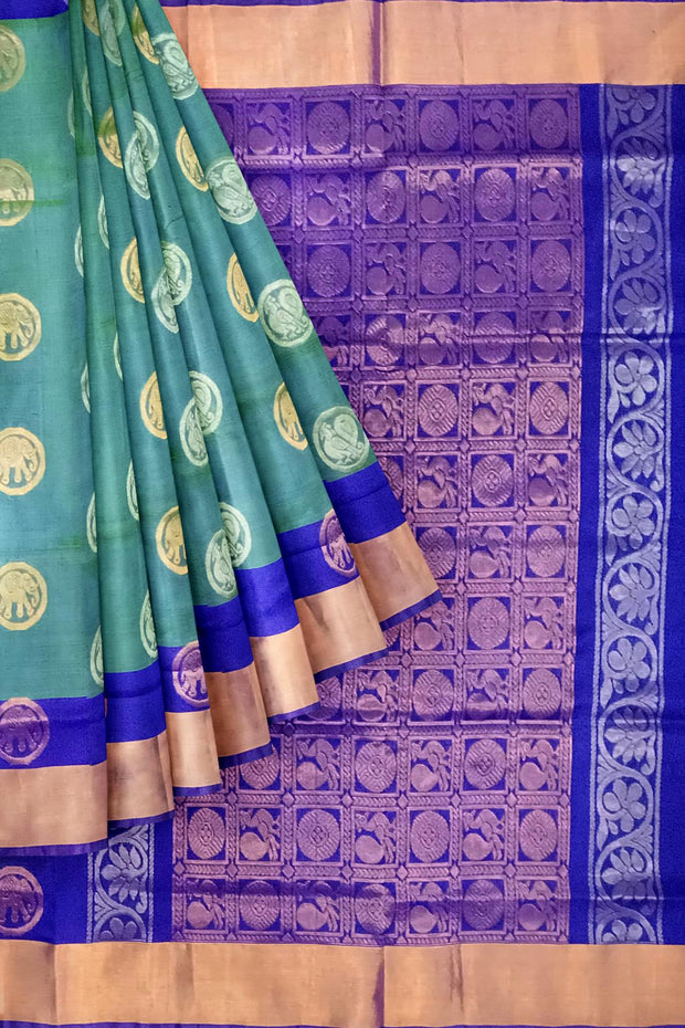 Handwoven Uppada pure silk saree in double shaded  green with gold & silver motifs .