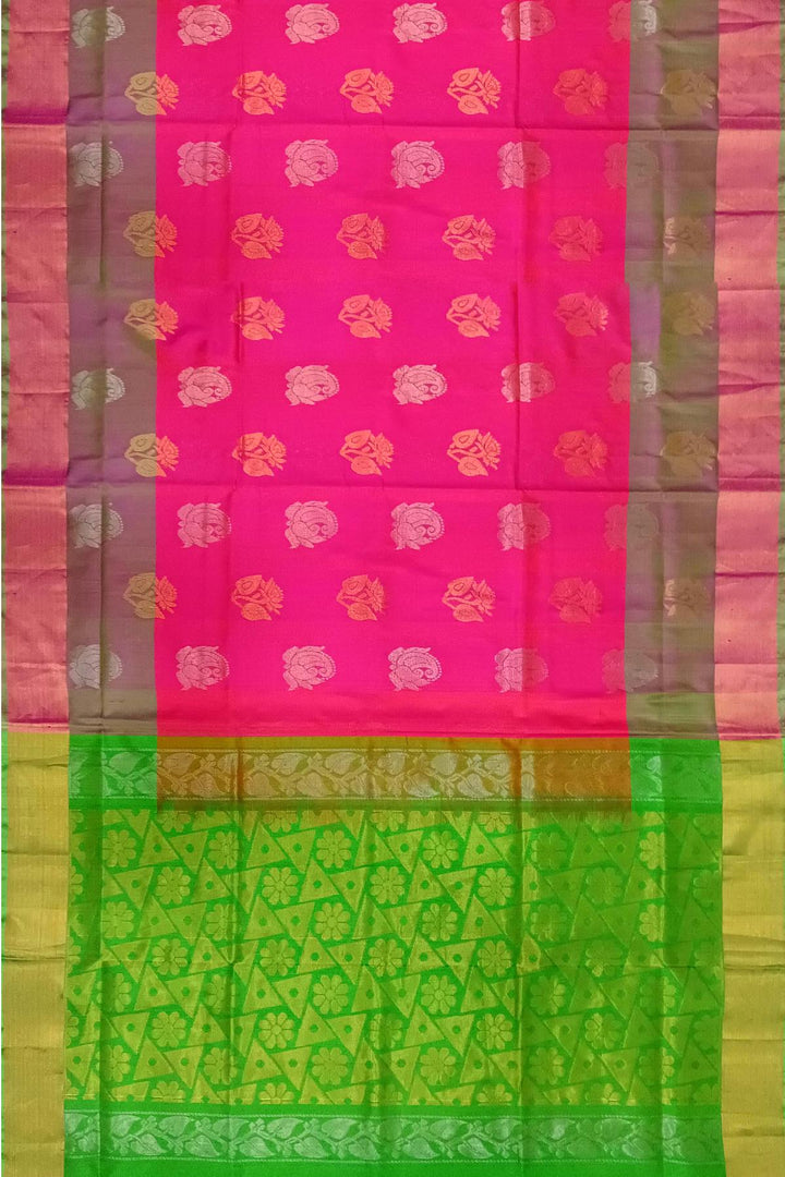 Handwoven Uppada pure silk saree in reddish pink with gold & silver motifs .