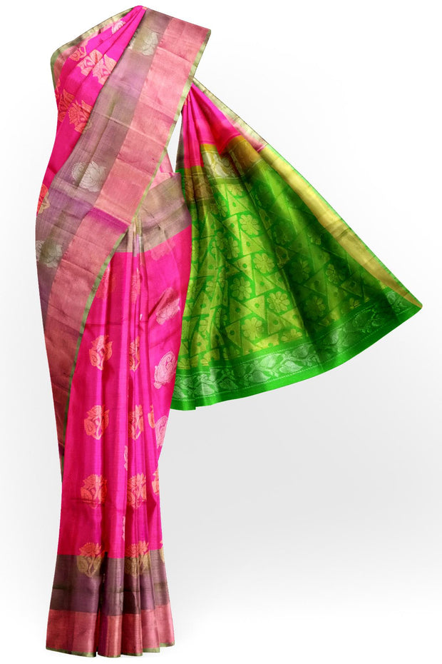 Handwoven Uppada pure silk saree in reddish pink with gold & silver motifs .