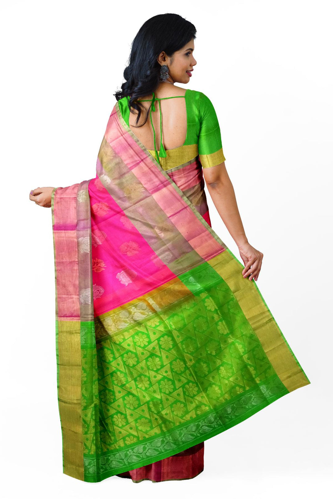 Handwoven Uppada pure silk saree in reddish pink with gold & silver motifs .