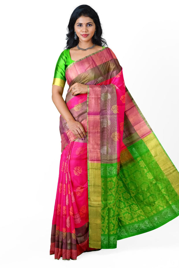 Handwoven Uppada pure silk saree in reddish pink with gold & silver motifs .