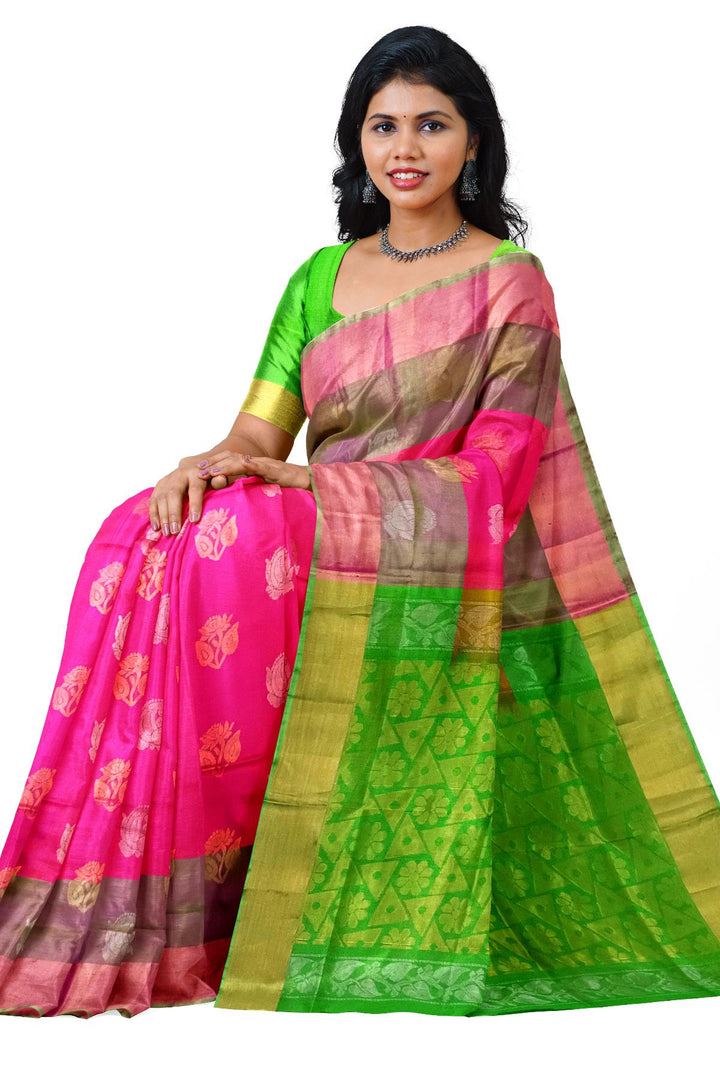 Handwoven Uppada pure silk saree in reddish pink with gold & silver motifs .