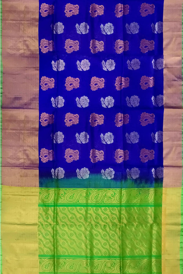 Handwoven Uppada pure silk saree in  violet with gold & silver motifs .
