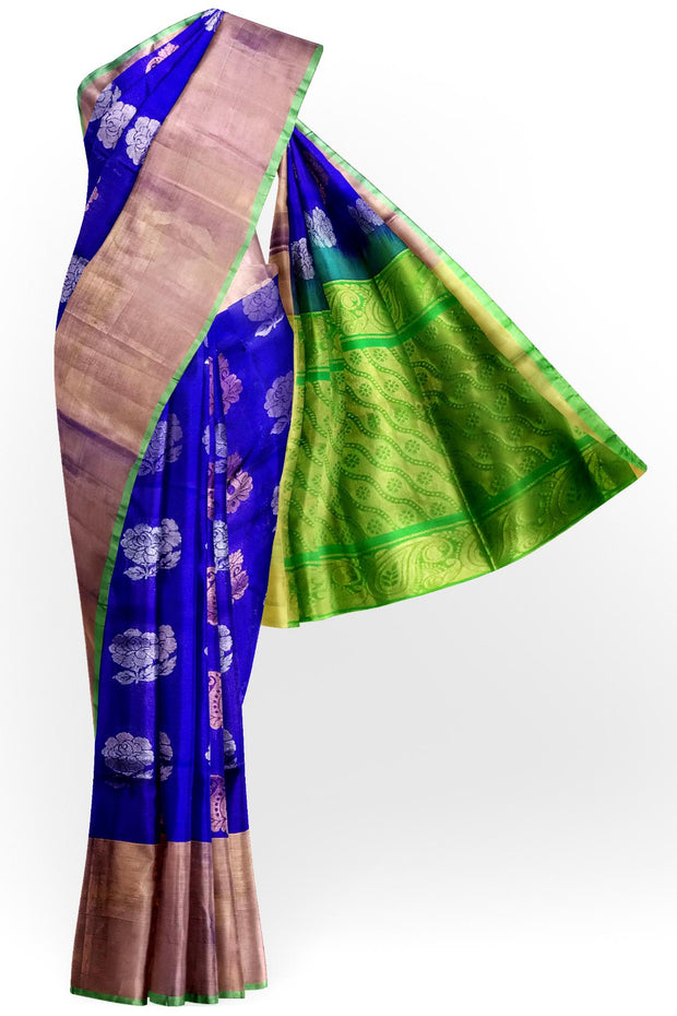 Handwoven Uppada pure silk saree in  violet with gold & silver motifs .