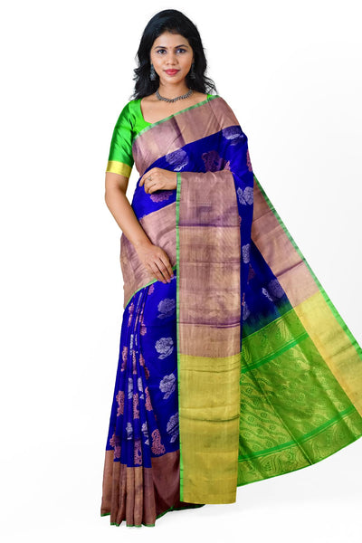 Handwoven Uppada pure silk saree in  violet with gold & silver motifs .