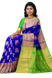 Handwoven Uppada pure silk saree in  violet with gold & silver motifs .