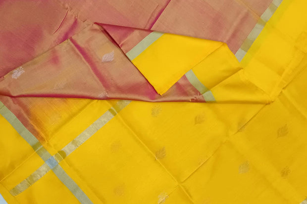 Handwoven Uppada pure silk saree in double shaded mustard pink with gold & silver motifs