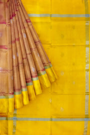 Handwoven Uppada pure silk saree in double shaded mustard pink with gold & silver motifs
