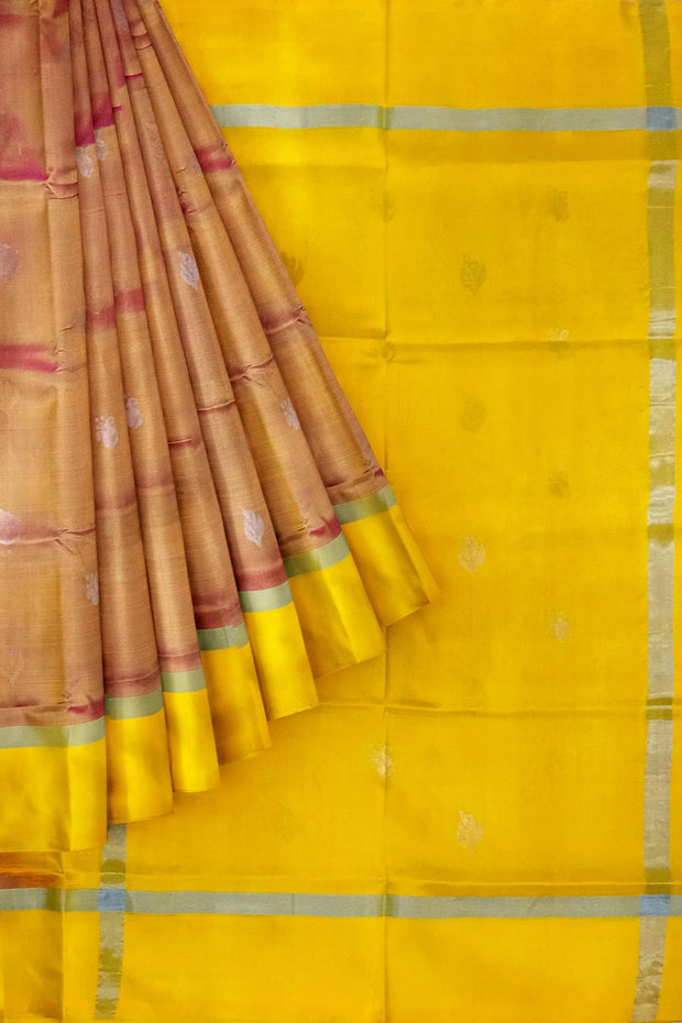 Handwoven Uppada pure silk saree in double shaded mustard pink with gold & silver motifs