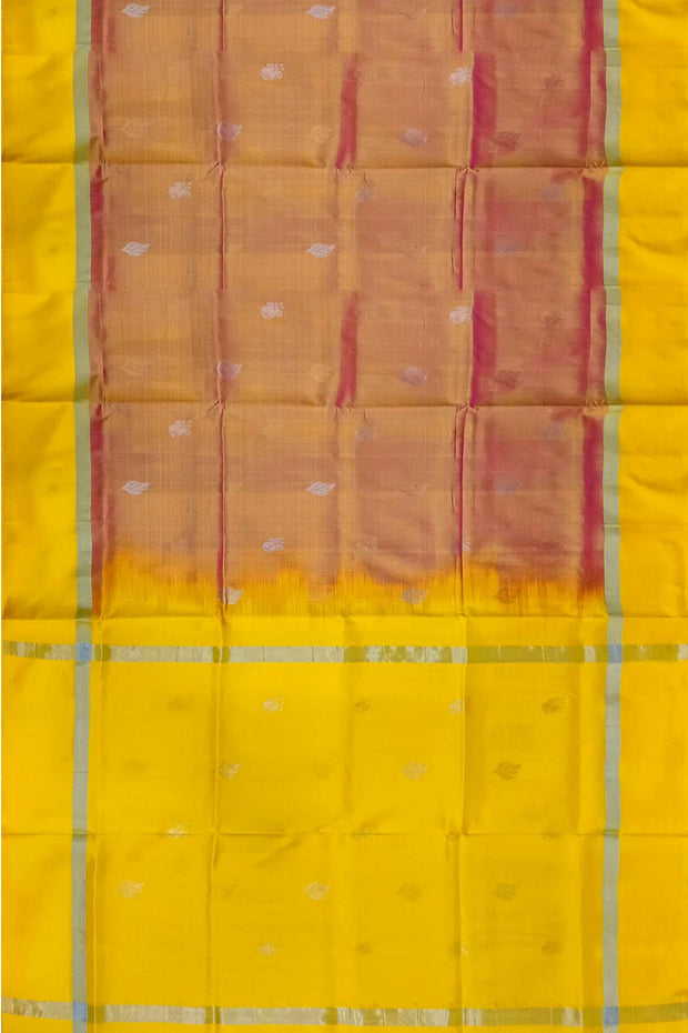 Handwoven Uppada pure silk saree in double shaded mustard pink with gold & silver motifs