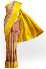 Handwoven Uppada pure silk saree in double shaded mustard pink with gold & silver motifs