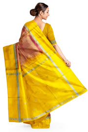 Handwoven Uppada pure silk saree in double shaded mustard pink with gold & silver motifs