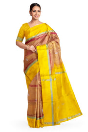 Handwoven Uppada pure silk saree in double shaded mustard pink with gold & silver motifs