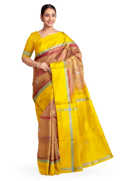 Handwoven Uppada pure silk saree in double shaded mustard pink with gold & silver motifs