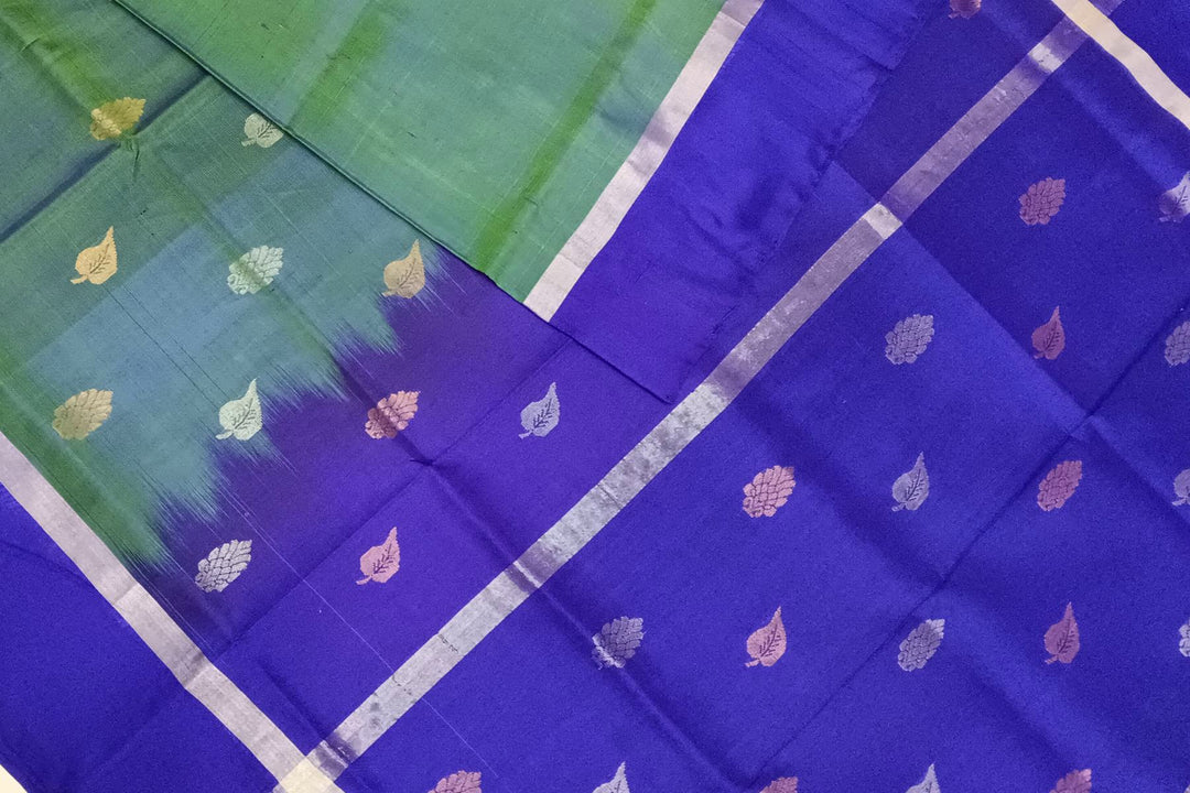 Handwoven Uppada pure silk saree in double shaded green with gold & silver motifs