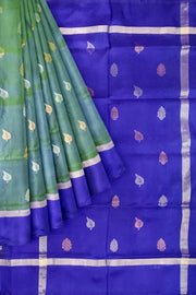 Handwoven Uppada pure silk saree in double shaded green with gold & silver motifs