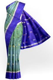 Handwoven Uppada pure silk saree in double shaded green with gold & silver motifs