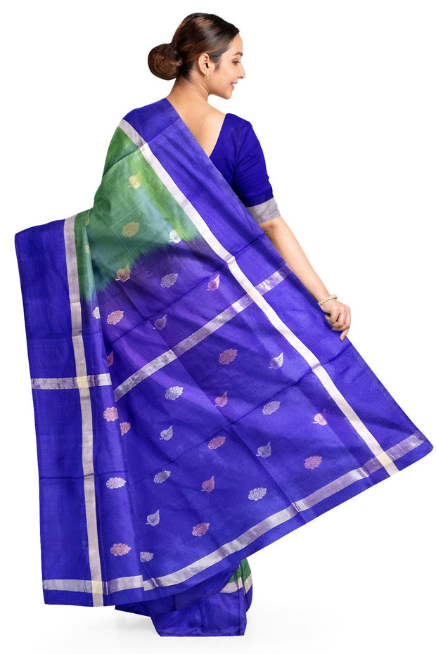 Handwoven Uppada pure silk saree in double shaded green with gold & silver motifs
