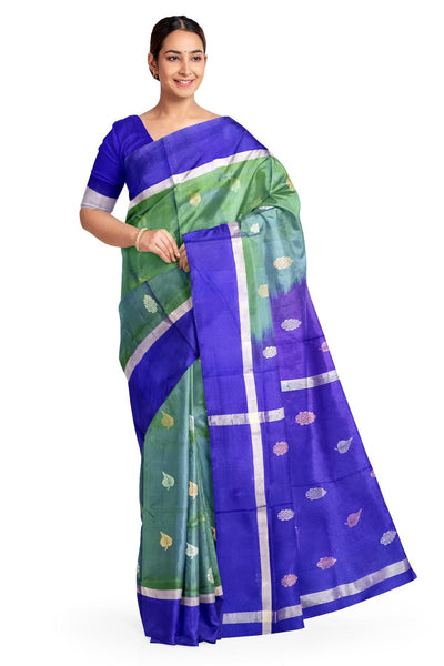 Handwoven Uppada pure silk saree in double shaded green with gold & silver motifs